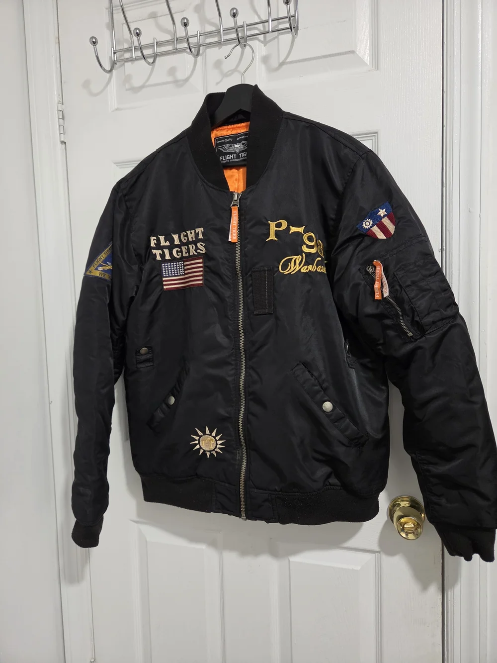 Flight Tigers Black Bomber Jacket with Embroidered Patches
